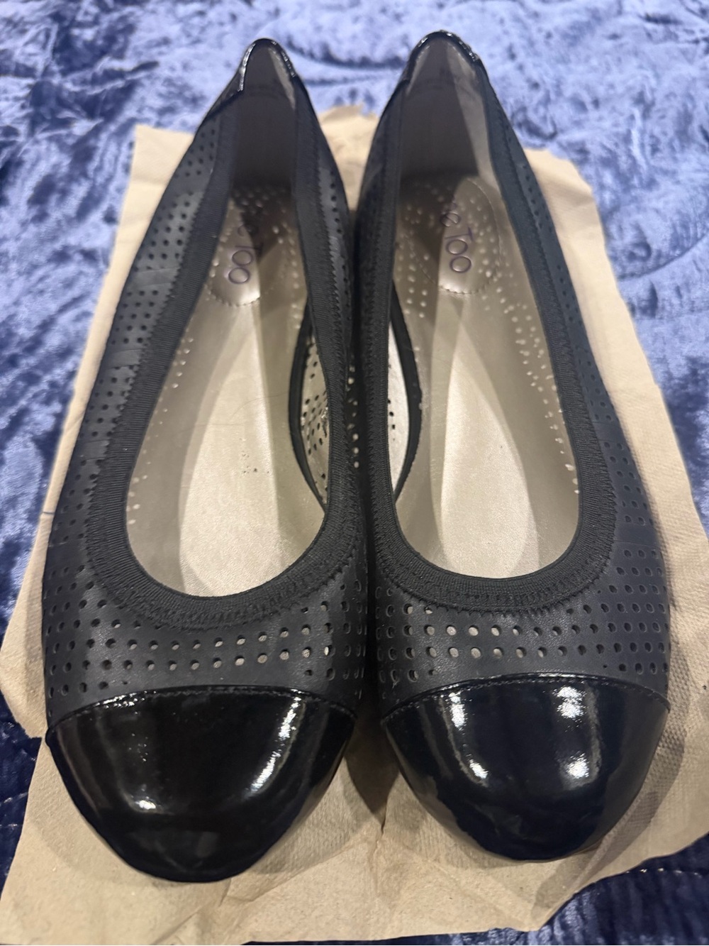 me too Black Perforated Ballet Flats with Patent Cap Toe